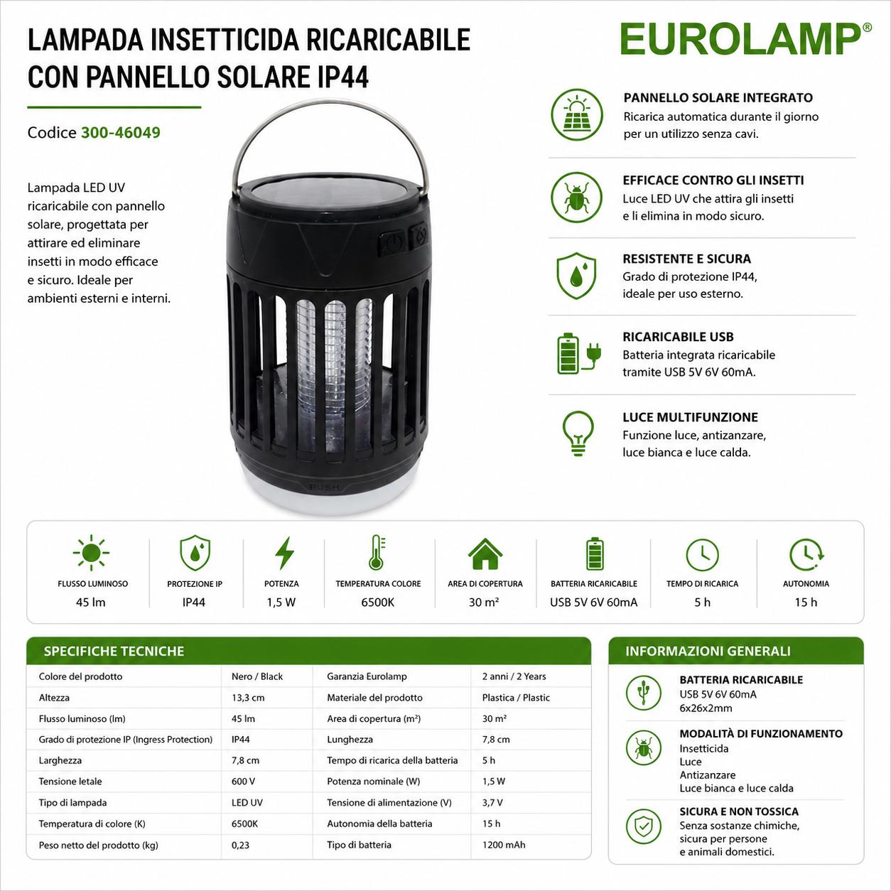 LAMPADA INSETTICIDA RICARICABILE CON PANNELLO SOLARE IP44