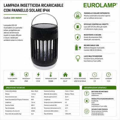 LAMPADA INSETTICIDA RICARICABILE CON PANNELLO SOLARE IP44