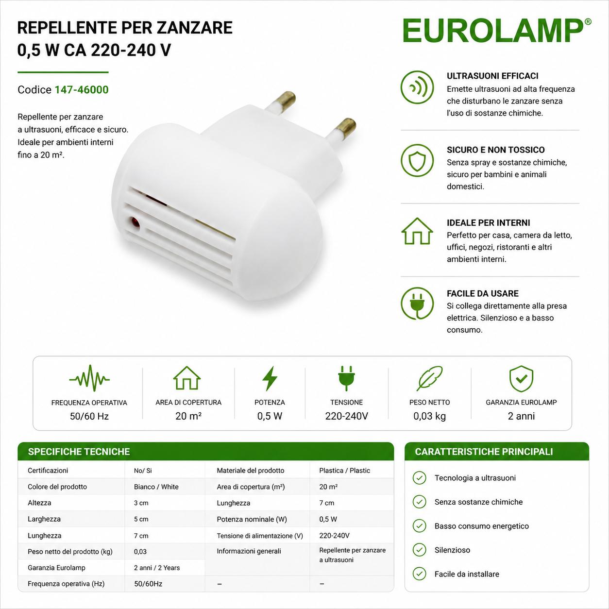 REPELLENTE PER ZANZARE 0,5 W CA 220-240V