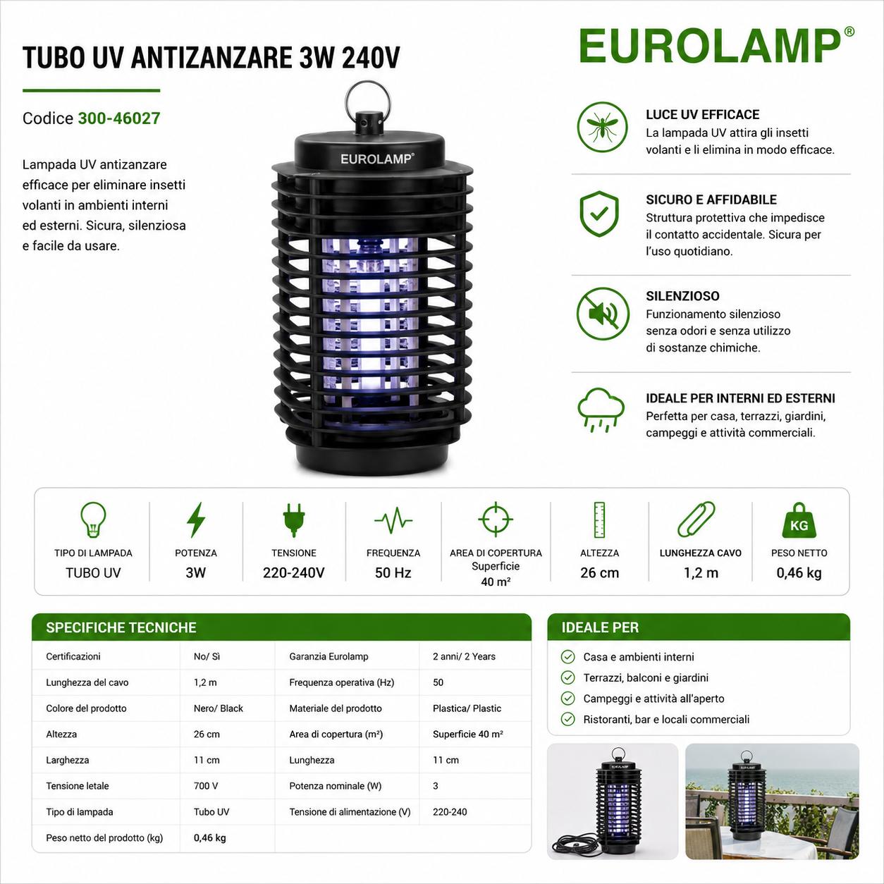 ZANZARIERA 3W CON TUBO UV 220V DA 26CM