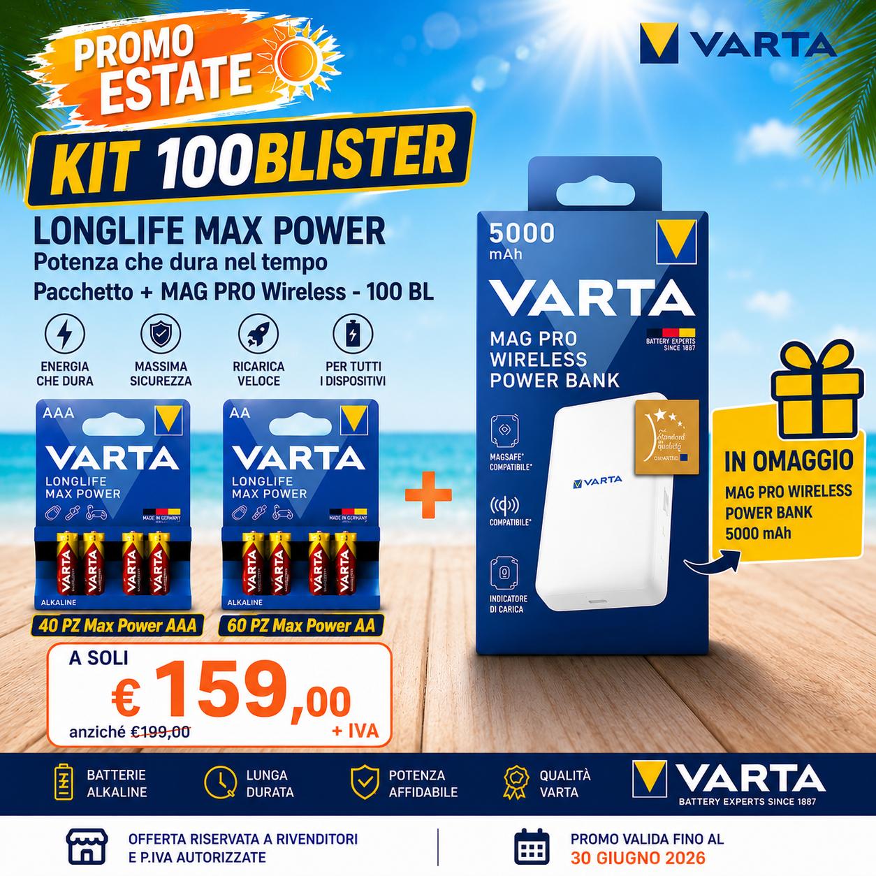 KIT 100BLISTER LONGLIFE MAX POWER VARTA + POWERBANK 5K MAGPR