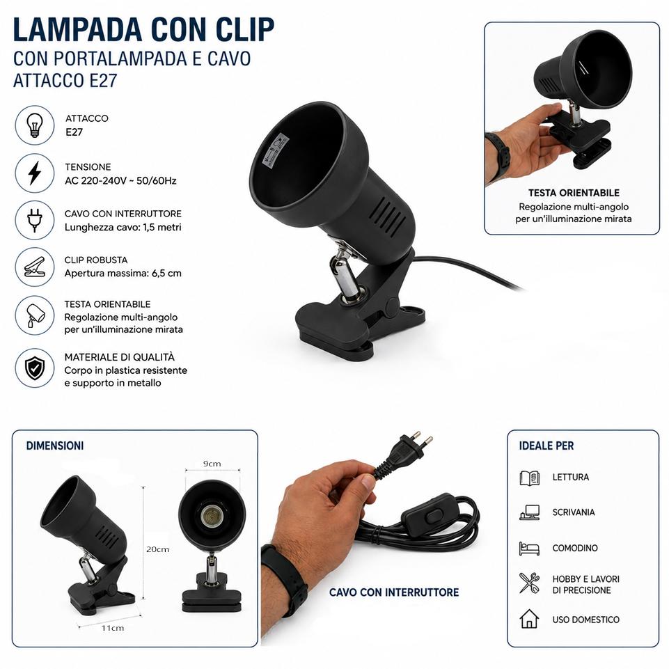 LAMPADA NEW CLIP TUBE ATTACCO  E27 NERO
