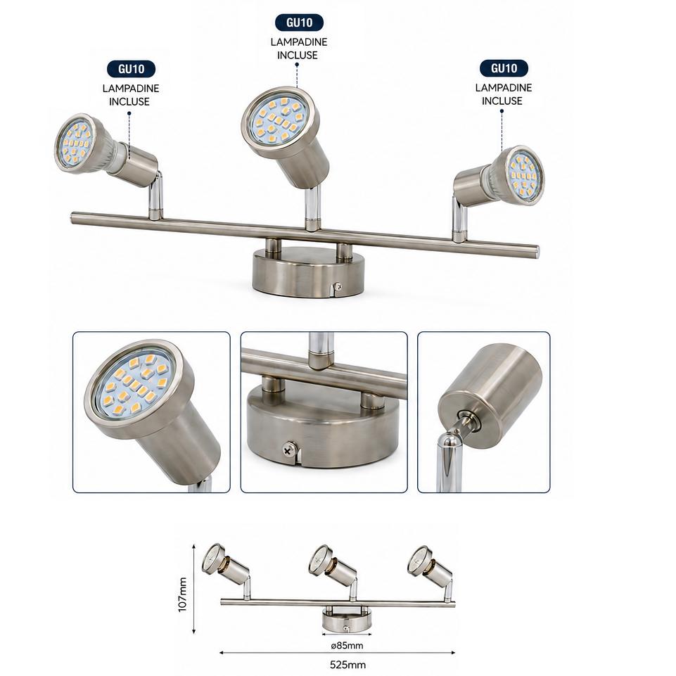 APPLIQUE IN METALLO 3 SPOT INCLUSE 3 GU10 3W 3000K
