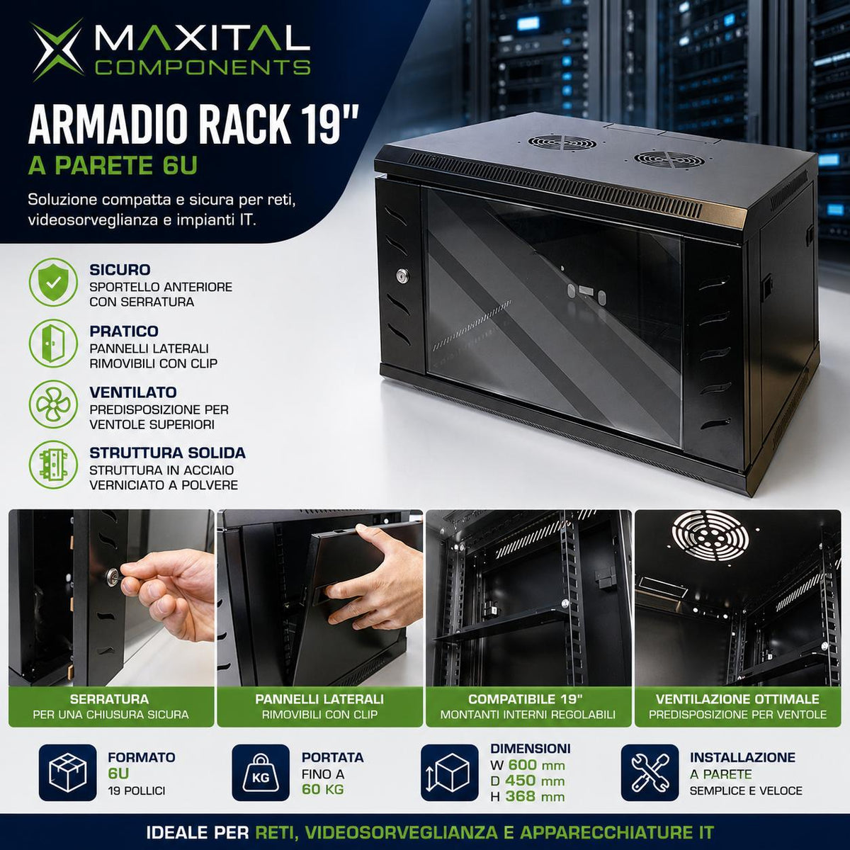 ARMADIO RACK 19" 6U 570X450 RAL9004