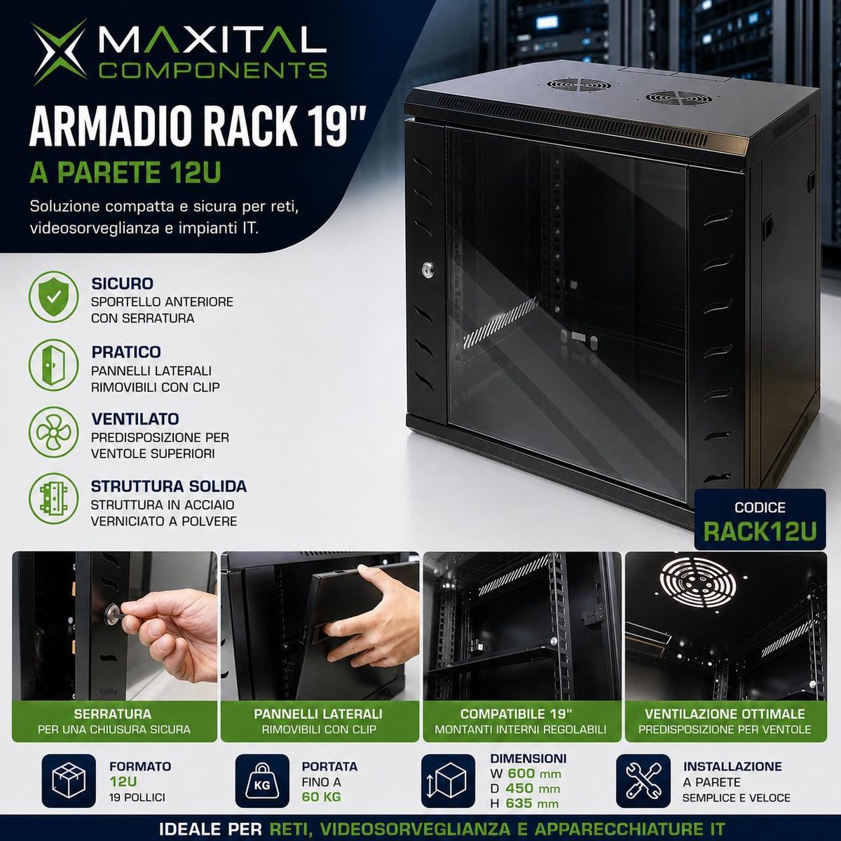 ARMADIO RACK 19" 12U 570X450 RAL9004