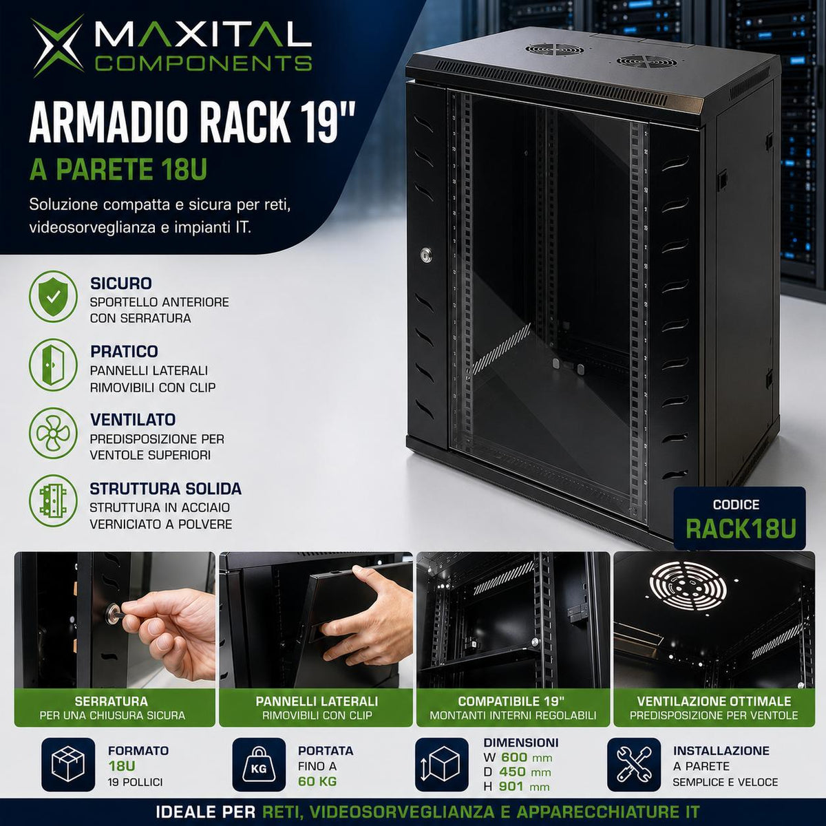ARMADIO RACK 19" 18U 570X600 RAL9004