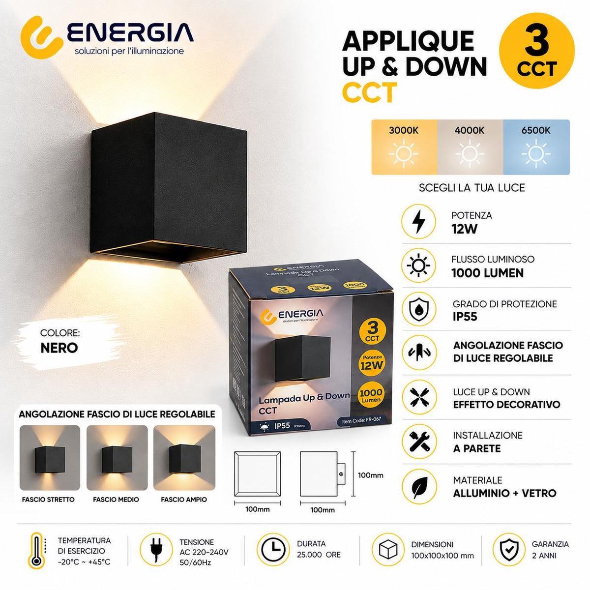 LAMPADA UP & DOWN 12W IP55 NERO CCT (3000-4000-6500K)