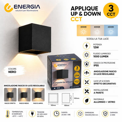 LAMPADA UP & DOWN 12W IP55 NERO CCT (3000-4000-6500K)