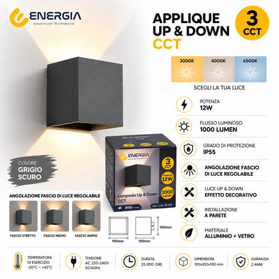 LAMPADA UP & DOWN 12W IP55 GRIGIO CCT (3000-4000-6500K)