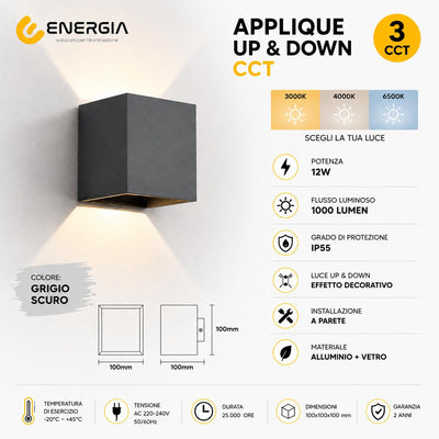 LAMPADA UP & DOWN 12W IP55 GRIGIO CCT (3000-4000-6500K)