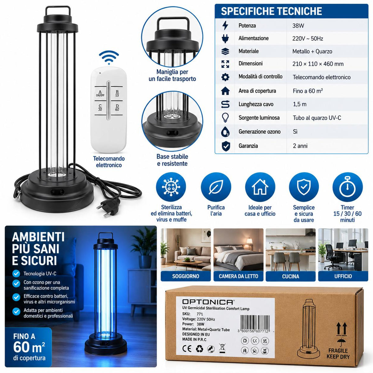 LAMPADA STERILIZZANTE UV 38W CON RADIOCOMANDO