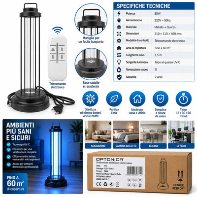 LAMPADA STERILIZZANTE UV 38W CON RADIOCOMANDO