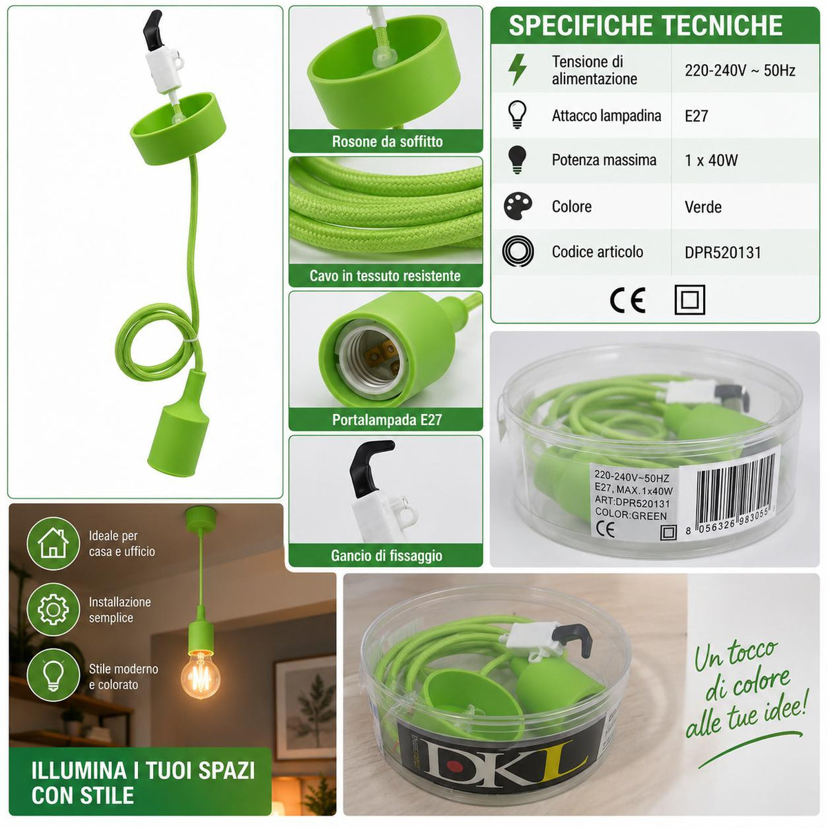 PENDENTE VERDE CON ATTACCO E27