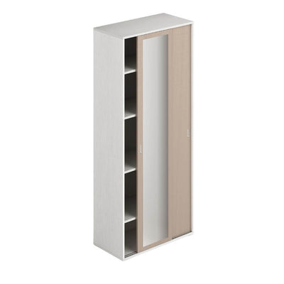 Armadio 212 due ante scorrevoli 1 anta bianco olmo e 1 anta specchio con ripiani