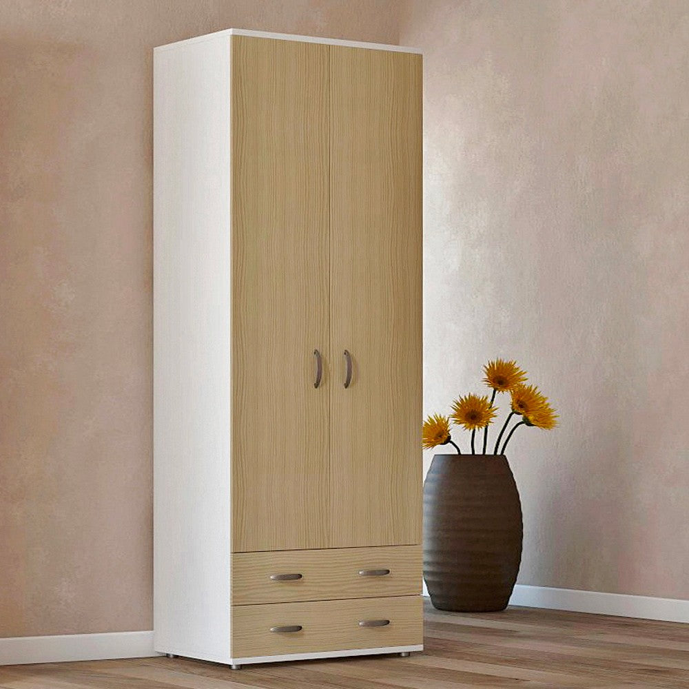 Armadio 911842 due ante e due cassetti con cassa bianca e ante olmo Made in Italy
