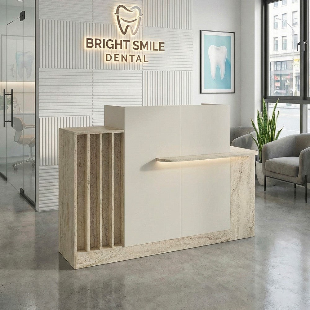 Bancone Reception Dayana 150 cm. in colore cashmere e travertino con illuminazione LED