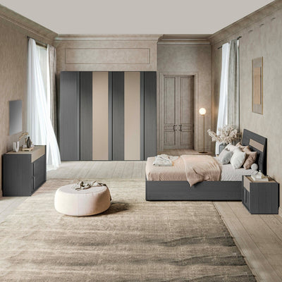 Camera da letto Faba con armadio 6 ante battenti in grigio e talco e letto contenitore in legno colore grigio e dettaglio talco