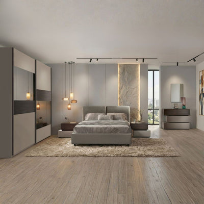 Camera da letto Kendra con letto contenitore imbottito e armadio 2 ante scorrevoli con specchi colore tortora noce
