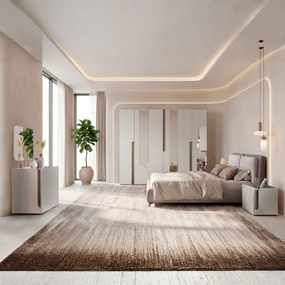 Camera da letto Loana con letto imbottito contenitore e armadio 6 ante con specchi colore cashmere biscotto