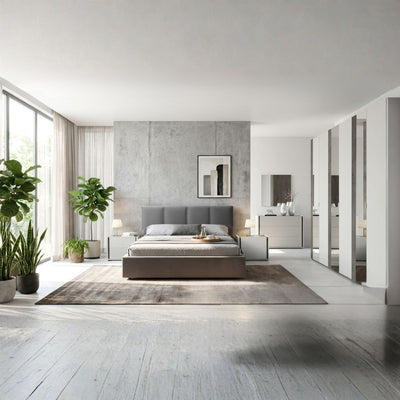 Camera da letto Mirelle colore grigio perla e ossido grigio scuro con armadio 6 ante a specchi e letto contenitore