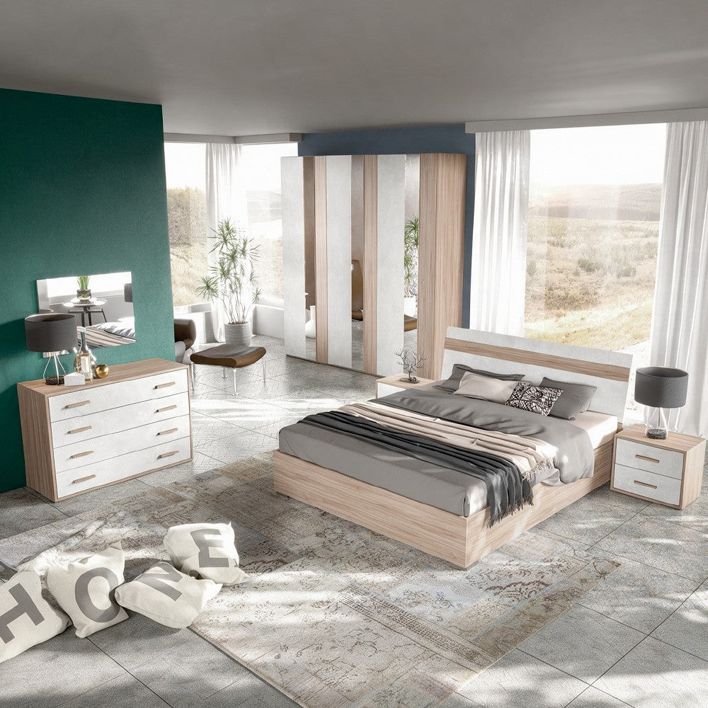 Camera da letto Nike con letto contenitore e armadio 6 ante battenti con specchi in noce chiaro e spatolato