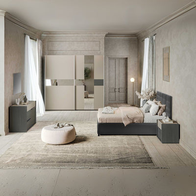 Camera da letto Tania in grigio e talco con armadio 2 ante scorrevoli con specchi e letto contenitore Napoli grigio