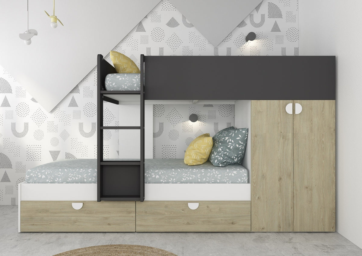 Cameretta con letto a castello con cassettoni e armadio reversibile colore rovere e antracite
