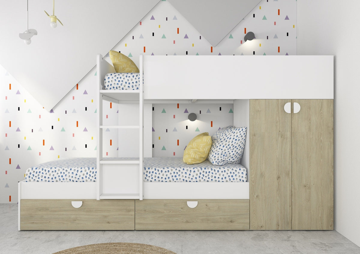 Cameretta con letto a castello con cassettoni e armadio reversibile colore rovere e bianco