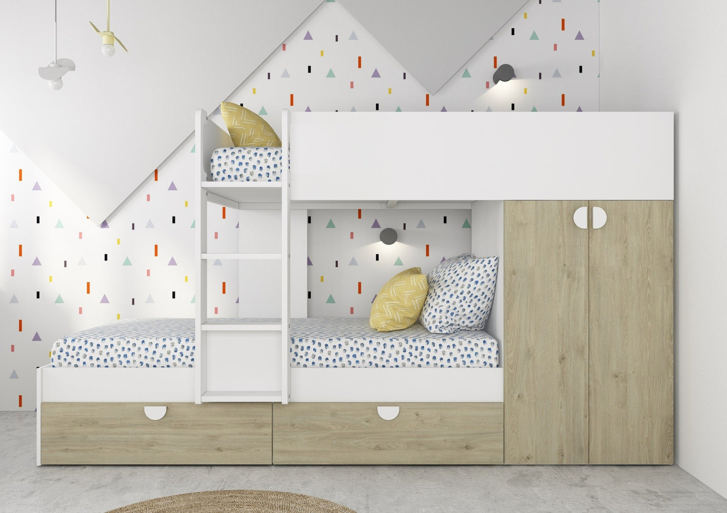 Cameretta con letto a castello con cassettoni e armadio reversibile colore rovere e bianco