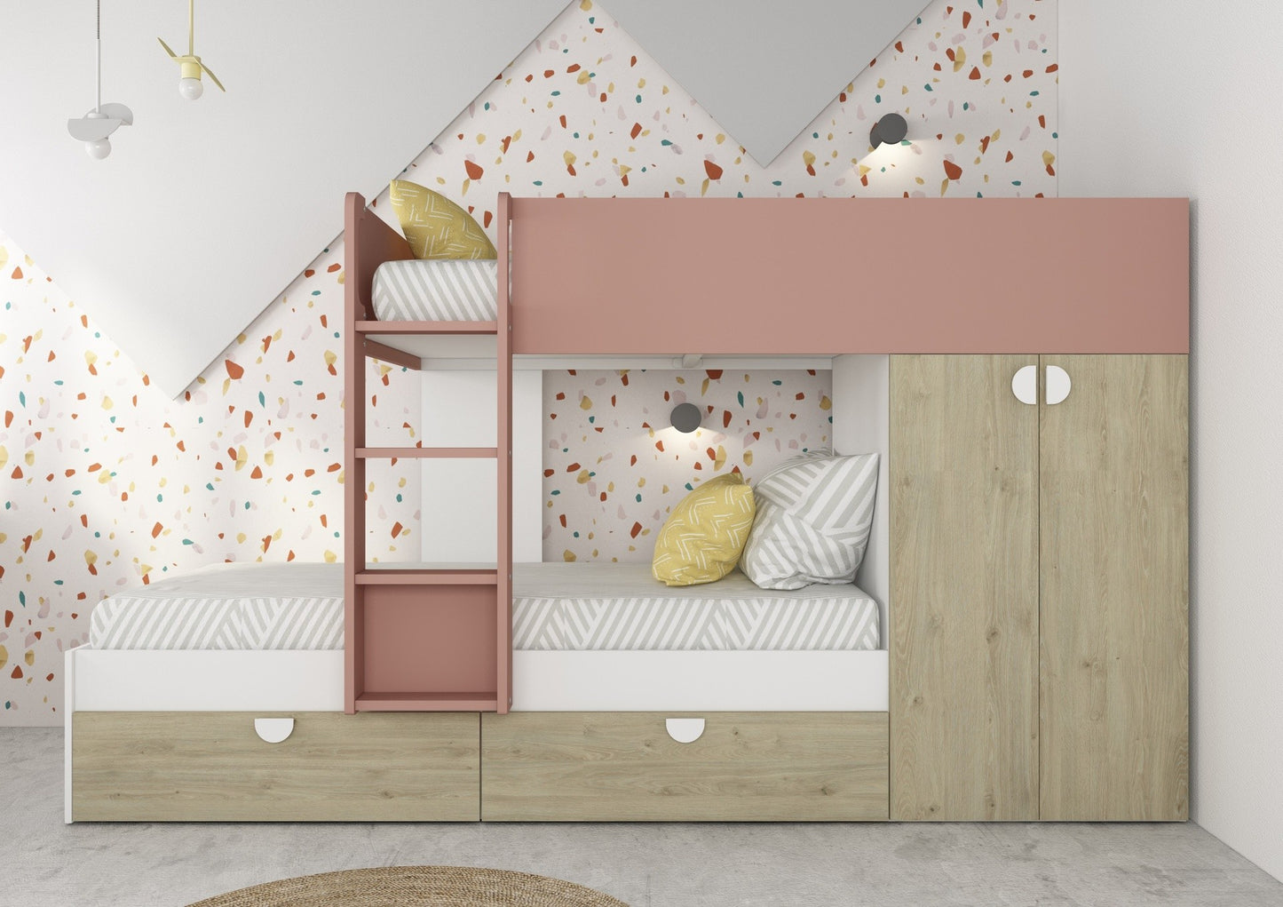 Cameretta con letto a castello con cassettoni e armadio reversibile colore rovere e rosa antico
