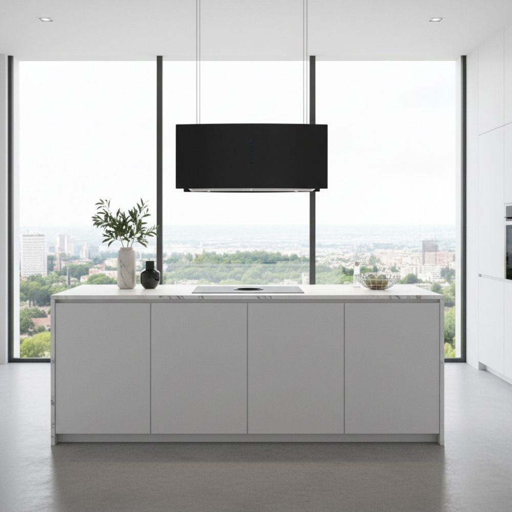 Cappa Samet a isola MCIB101 90 cm. con pannelli in vetro curvi colore nero