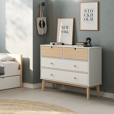 Cassettiera Estefania in legno con 2 cassetti bianchi e 2 cassettini pino