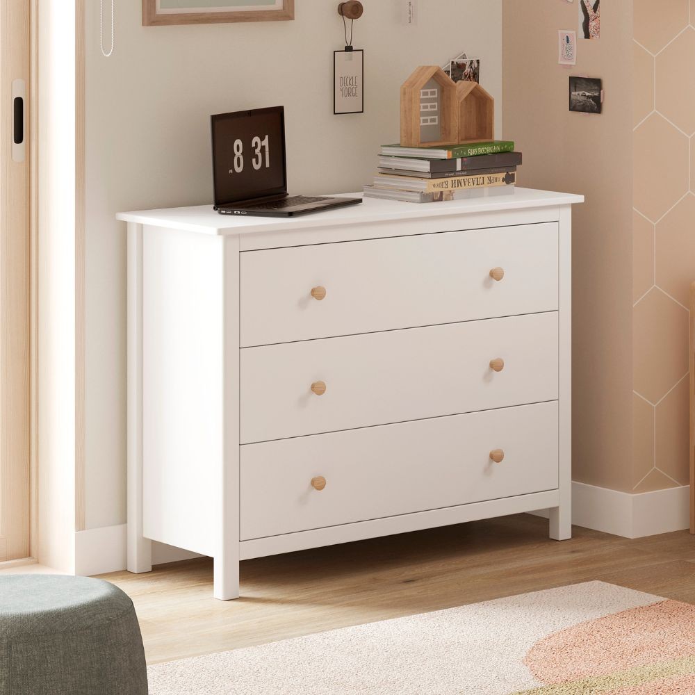 Comò Max 3 cassetti in legno massiccio colore bianco