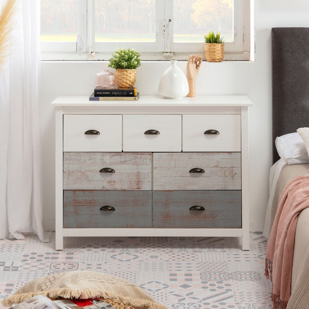 Comò Romantica 4 cassetti e 3 cassettini in legno massiccio multicolor