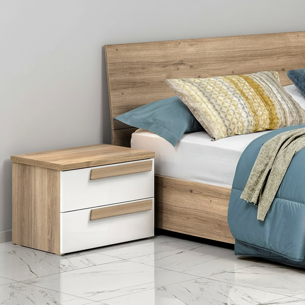 Comodino Melodia 2 cassetti con struttura e maniglie rovere caramello e frontali bianco lucido