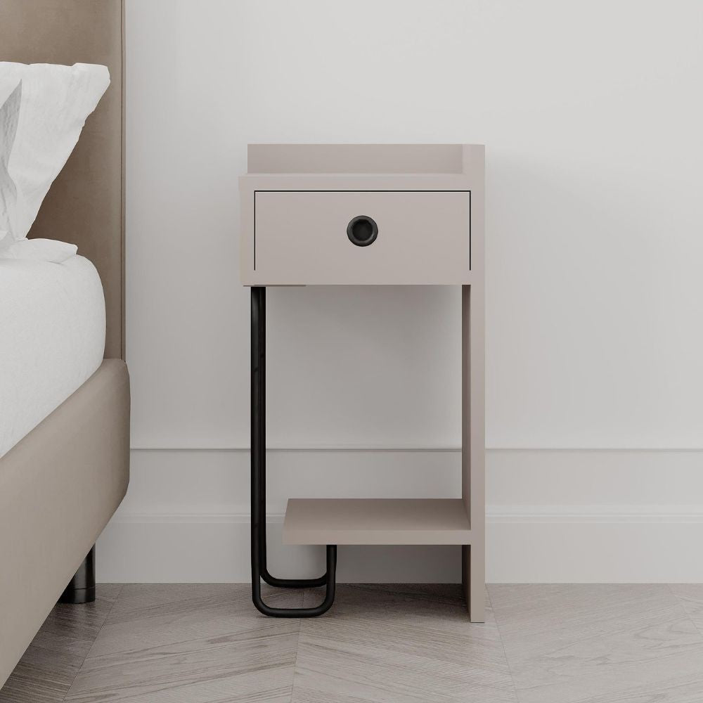 Comodino Sirius con cassetto tortora e gamba in metallo nero destro