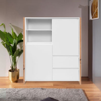 Credenza alta New Denver51 con vani a giorno due ante e due cassetti colore bianco e rovere