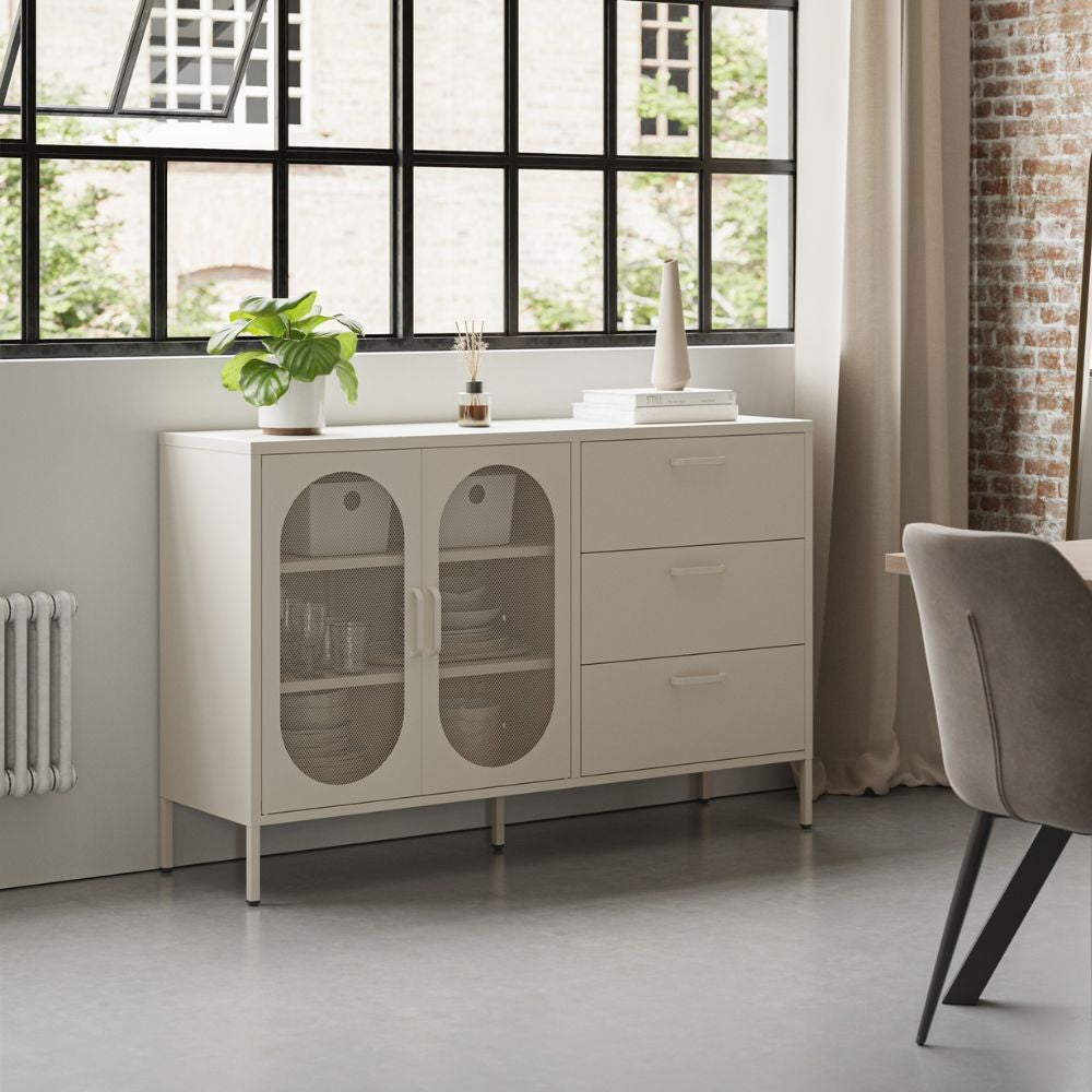 Credenza Diora 2 ante e 3 cassetti in metallo colore crema