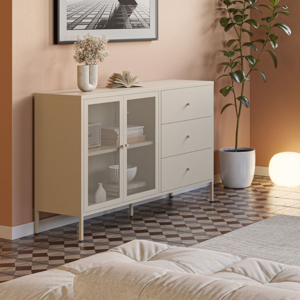 Credenza Fayna19353 in metallo con 2 ante e 3 cassetti colore sabbia
