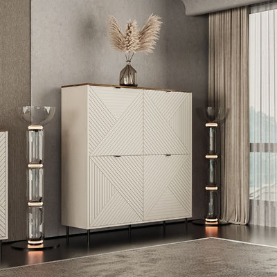 Credenza Mirage02 con 4 ante con motivo geometrico cashmere e top rovere