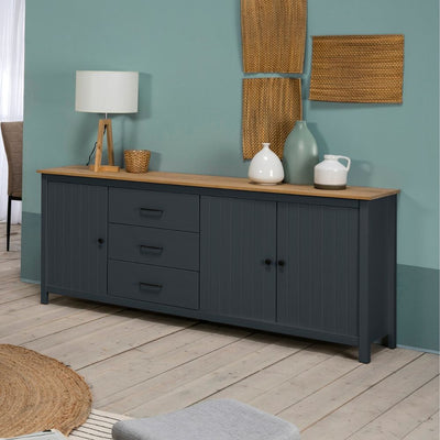 Credenza Miranda con 3 ante e 3 cassetti in legno massiccio blu con top pino