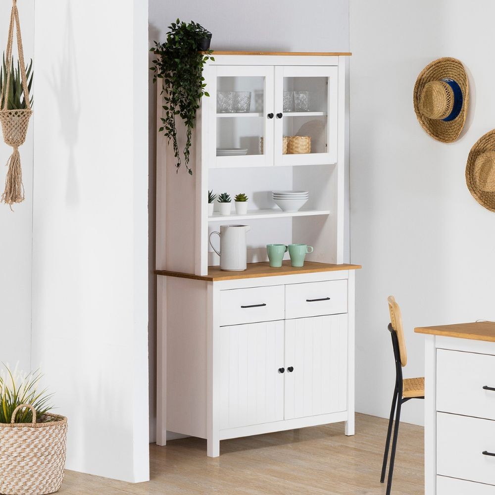 Credenza Miranda con vetrina 4 ante e due cassetti in legno massiccio colore bianco e rovere