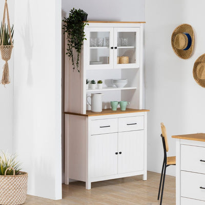 Credenza Miranda con vetrina 4 ante e due cassetti in legno massiccio colore bianco e rovere