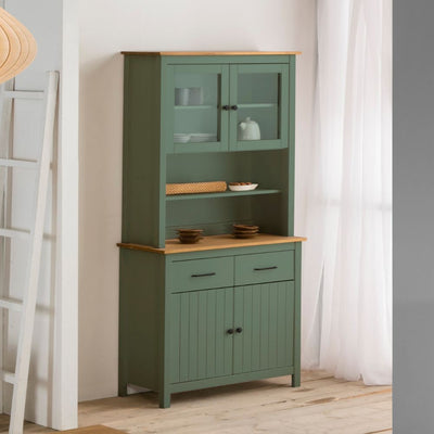 Credenza Miranda con vetrina 4 ante e due cassetti in legno massiccio colore verde e rovere