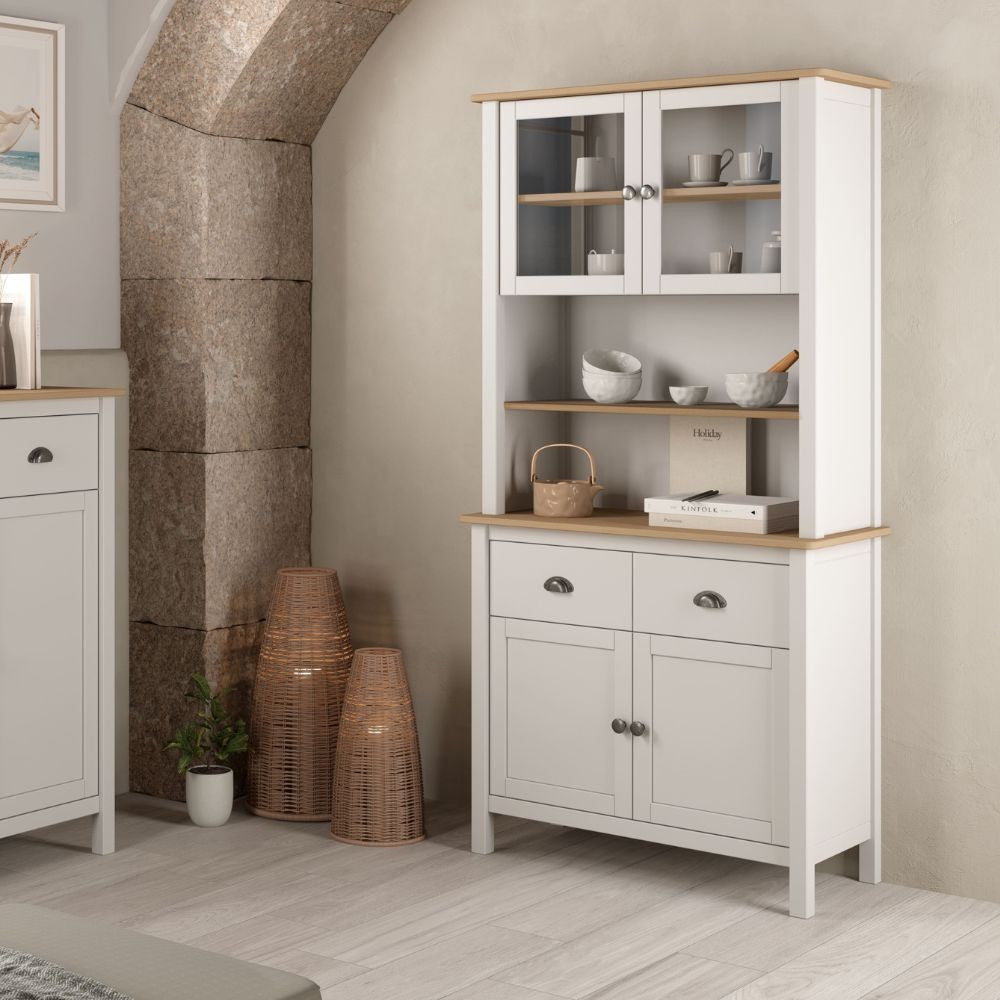 Credenza Misti con vetrina 4 ante e 2 cassetti in legno massiccio colore bianco e rovere