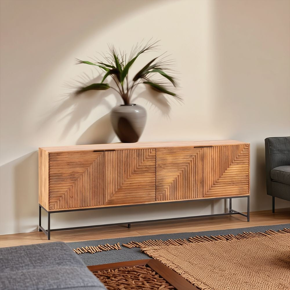 Credenza Nereida 210 cm. in legno massiccio 4 ante e gambe in metallo nero