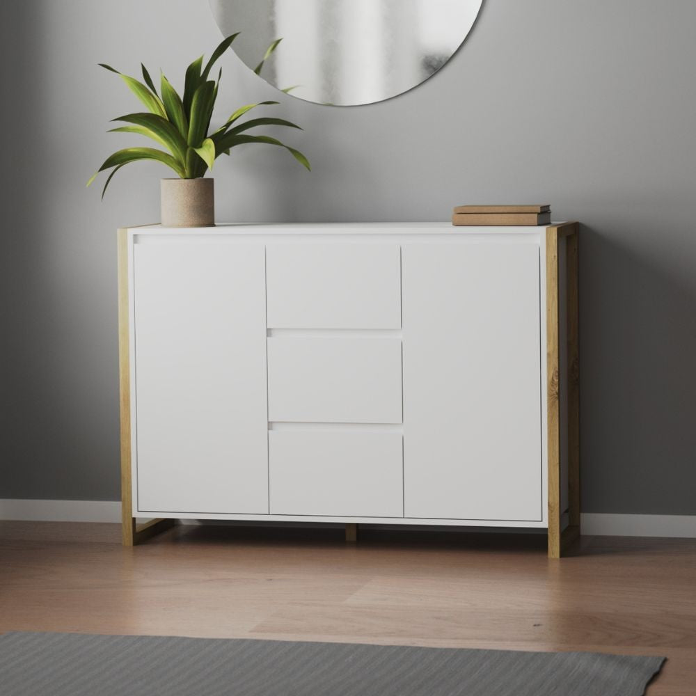 Credenza New Denver2 con 3 cassetti e 2 ante battenti in bianco e rovere