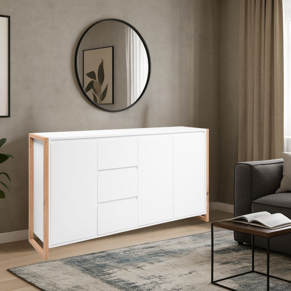 Credenza New Denver3 con 3 cassetti e 3 ante battenti in bianco e rovere