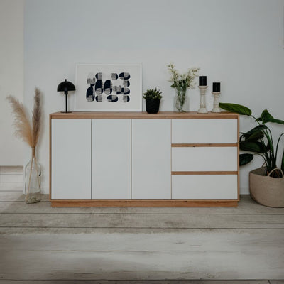 Credenza Phoenix 51A 3 ante e 3 cassetti con struttura rovere e frontali bianco