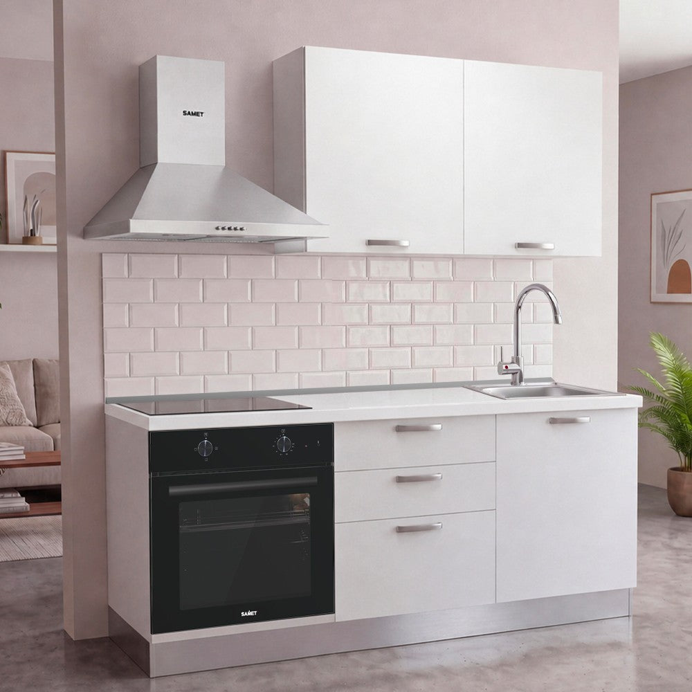 Cucina Astinew 180 cm reversibile in bianco poro chiuso con elettrodomestici e piano a induzione Industrie Valentini